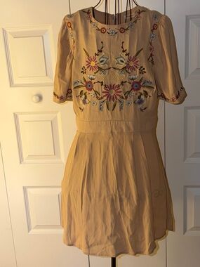 Free People Embroidered Floral Mini Dress in Tan